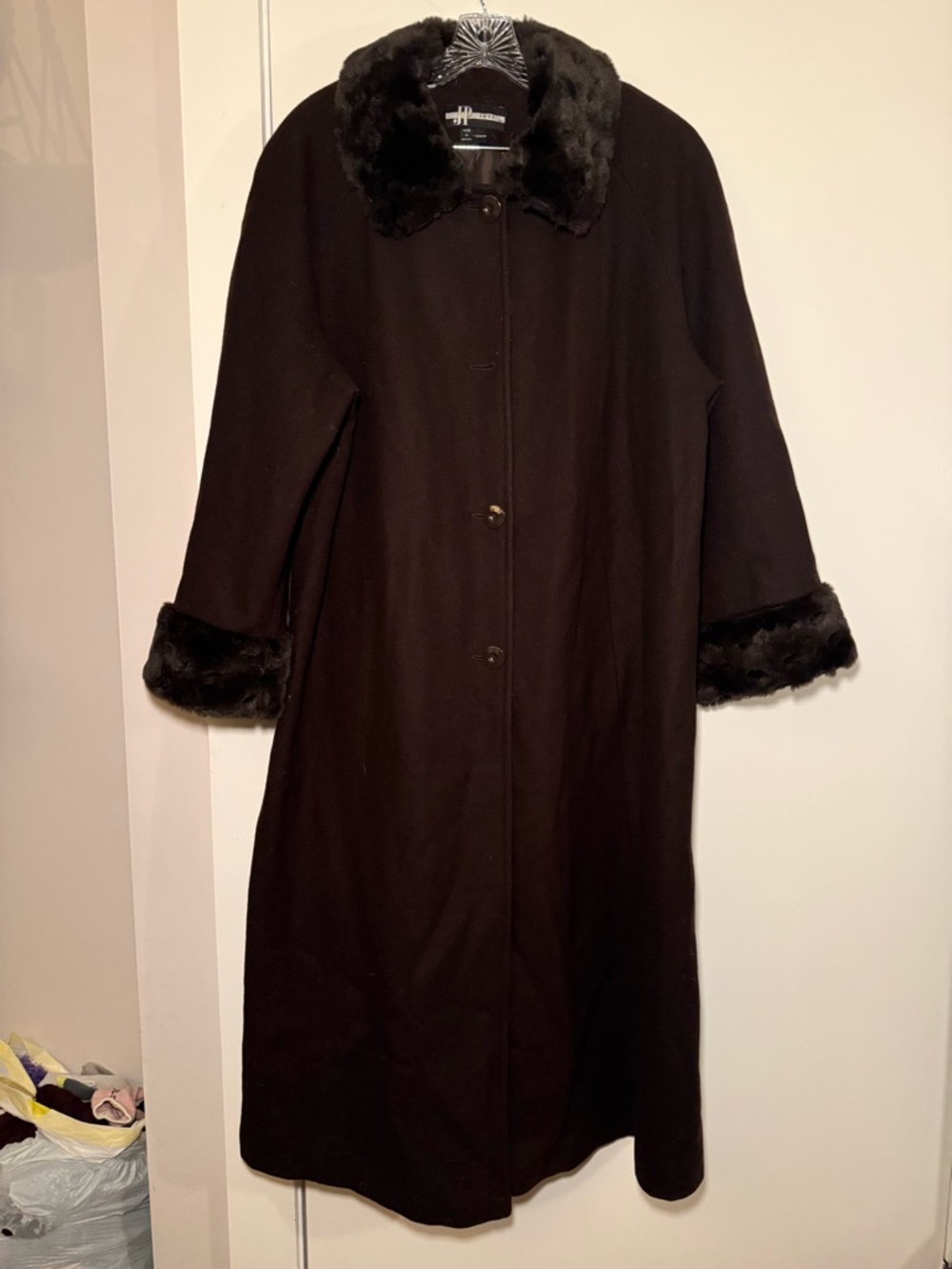 JP Ourse & Cie Long Black Coat with Faux Fur Trim